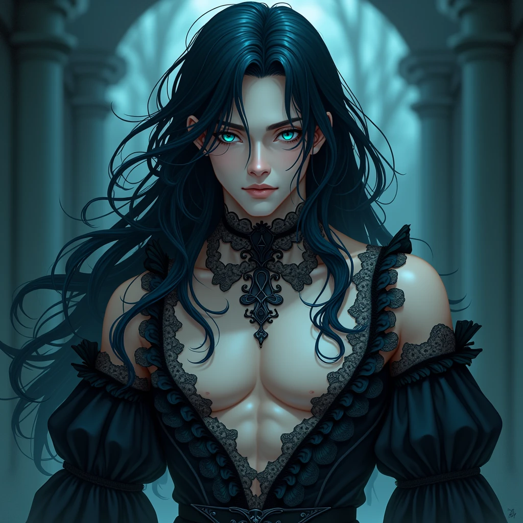 Sexy male, Long black hair. Teal blue eyes, Male, Blue and black frilly gothic clothes, Surrealism, Sexy, Masterpiece, Shiny, Gloomy effects, 8k, super detail, Shiny, Beautifully detailed, Pretty drawn. Anime style. Sexy pose, hot. Seductive pose. Anime style.)