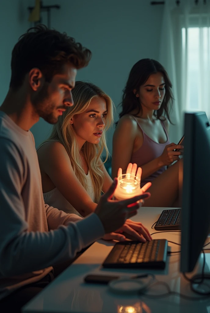 A man fiddling with the computer, a blonde woman using her cell phone, and a brunette woman with big breasts with a light in her hand