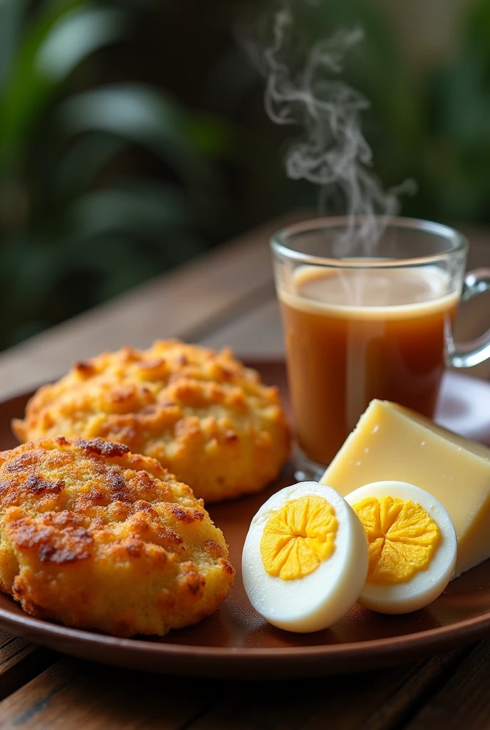 A breakfast that only contains Panamanian fried yuca, boiled eggs, a piece of cheese and tea with milk.