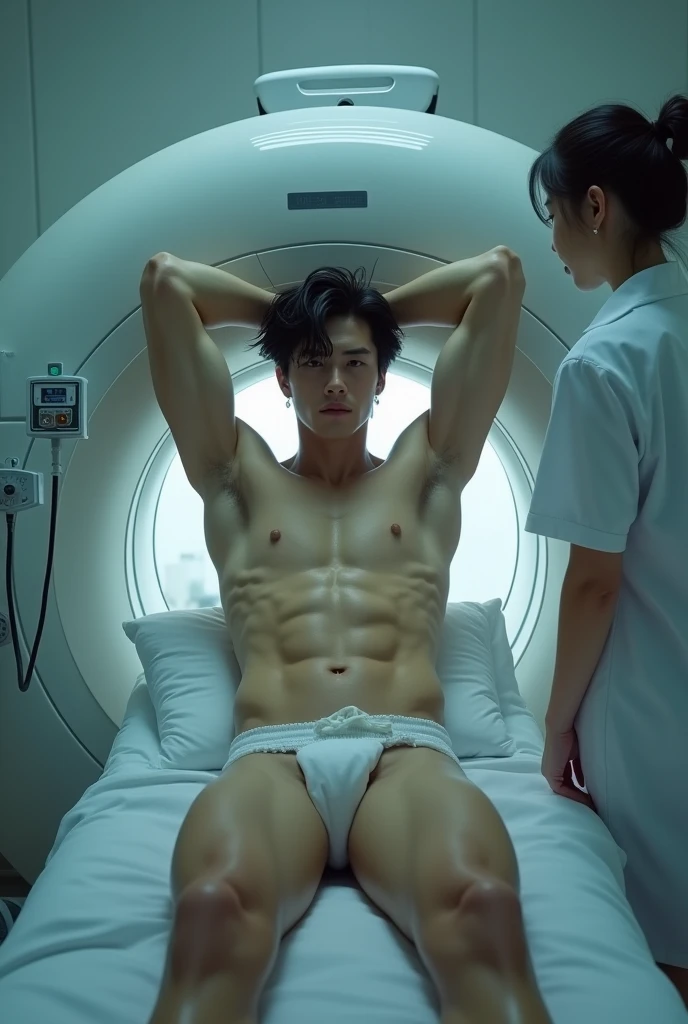 1boy、Handsome Men、Japanese male, 、handsome man、Mash Hair、Completely naked、Full nudity、erection、Huge penis、Highest quality、Realistic、beautiful、Sad look、MRI scan at the hospital、Arms above head、A nurse in a white coat next to me
