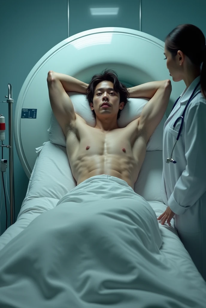 1boy、Handsome Men、Japanese male, 、handsome man、Mash Hair、Completely naked、Full nudity、erection、Huge penis、Highest quality、Realistic、beautiful、Sad look、MRI scan at the hospital、Arms above head、A nurse in a white coat next to me
