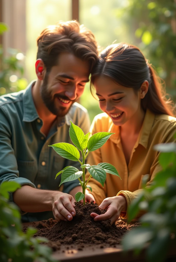 Woman and man taking care of plant