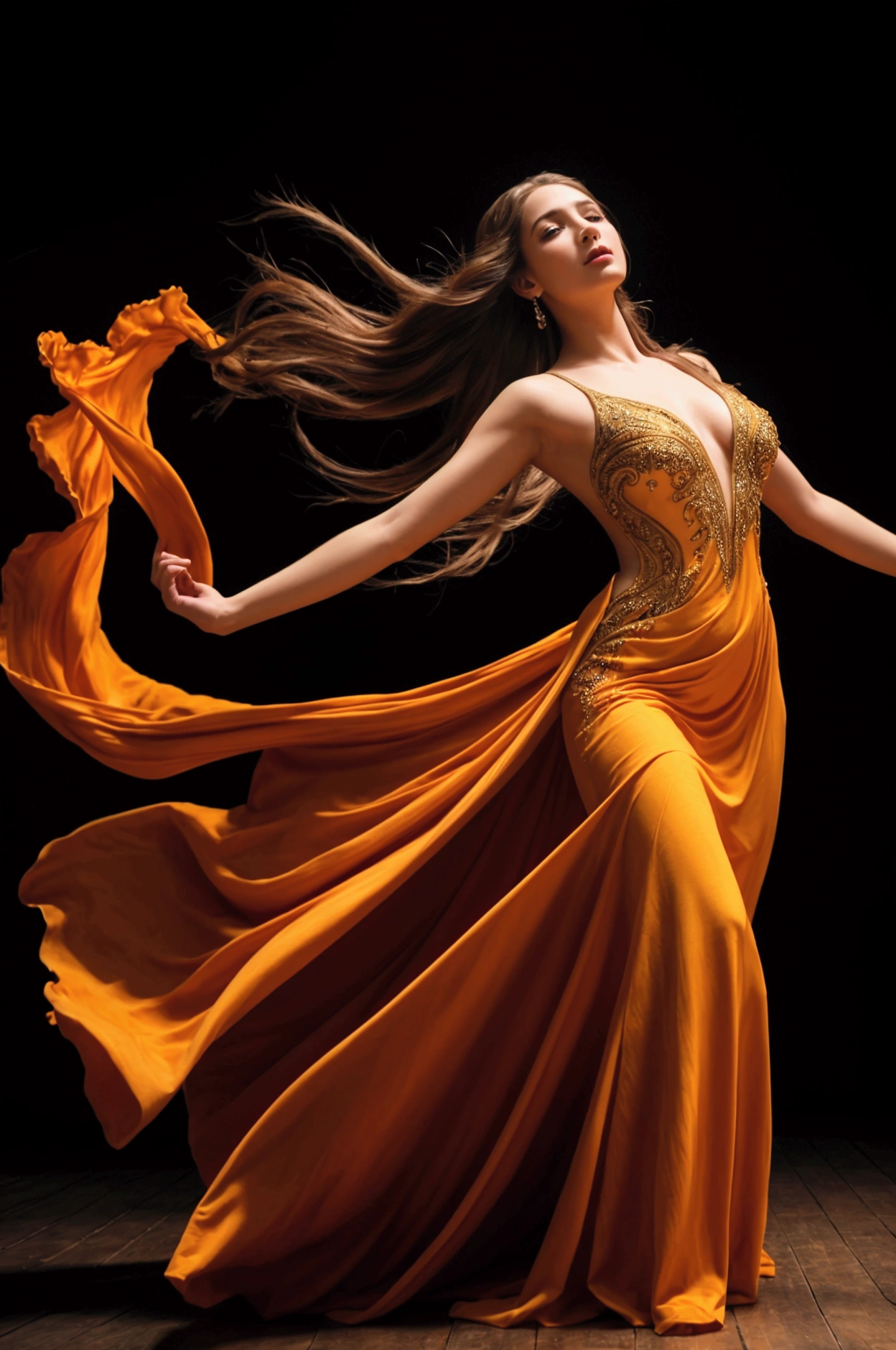 a young woman dancing gracefully, long flowing dress, fiery passion in her eyes, vibrant colors, dramatic lighting, ethereal and mystical atmosphere, (best quality,4k,8k,highres,masterpiece:1.2),ultra-detailed,(realistic,photorealistic,photo-realistic:1.37),intricate details,cinematic composition,dramatic chiaroscuro lighting,vibrant colors,glowing aura,expressive face,elegant pose,dynamic movement,swirling dress,surreal magical realism,fantasy art style