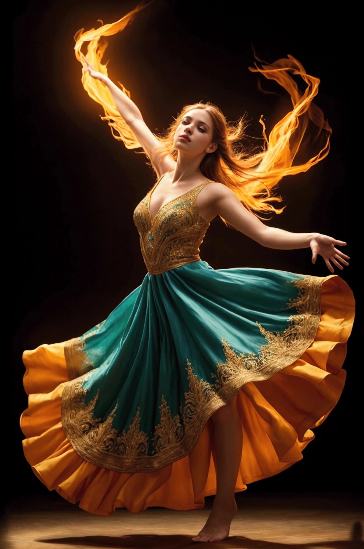 a young woman dancing gracefully, long flowing dress, fiery passion in her eyes, vibrant colors, dramatic lighting, ethereal and mystical atmosphere, (best quality,4k,8k,highres,masterpiece:1.2),ultra-detailed,(realistic,photorealistic,photo-realistic:1.37),intricate details,cinematic composition,dramatic chiaroscuro lighting,vibrant colors,glowing aura,expressive face,elegant pose,dynamic movement,swirling dress,surreal magical realism,fantasy art style