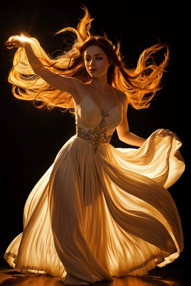 a young woman dancing gracefully, long flowing dress, fiery passion in her eyes, vibrant colors, dramatic lighting, ethereal and mystical atmosphere, (best quality,4k,8k,highres,masterpiece:1.2),ultra-detailed,(realistic,photorealistic,photo-realistic:1.37),intricate details,cinematic composition,dramatic chiaroscuro lighting,vibrant colors,glowing aura,expressive face,elegant pose,dynamic movement,swirling dress,surreal magical realism,fantasy art style
