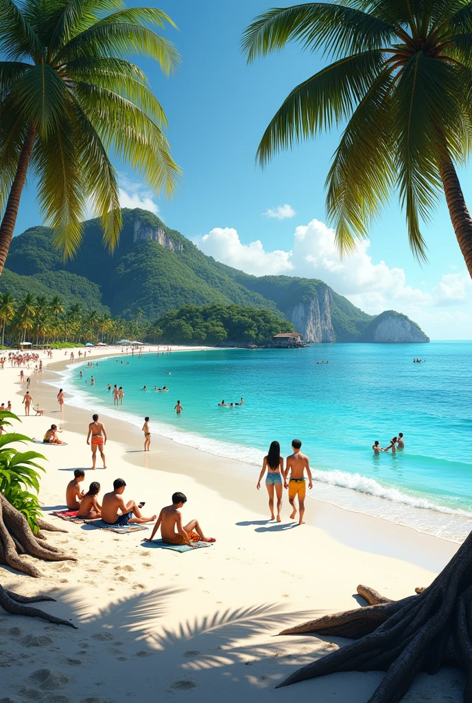 Create me an ultra realistic picture of a beach by the sea on a beautiful island 