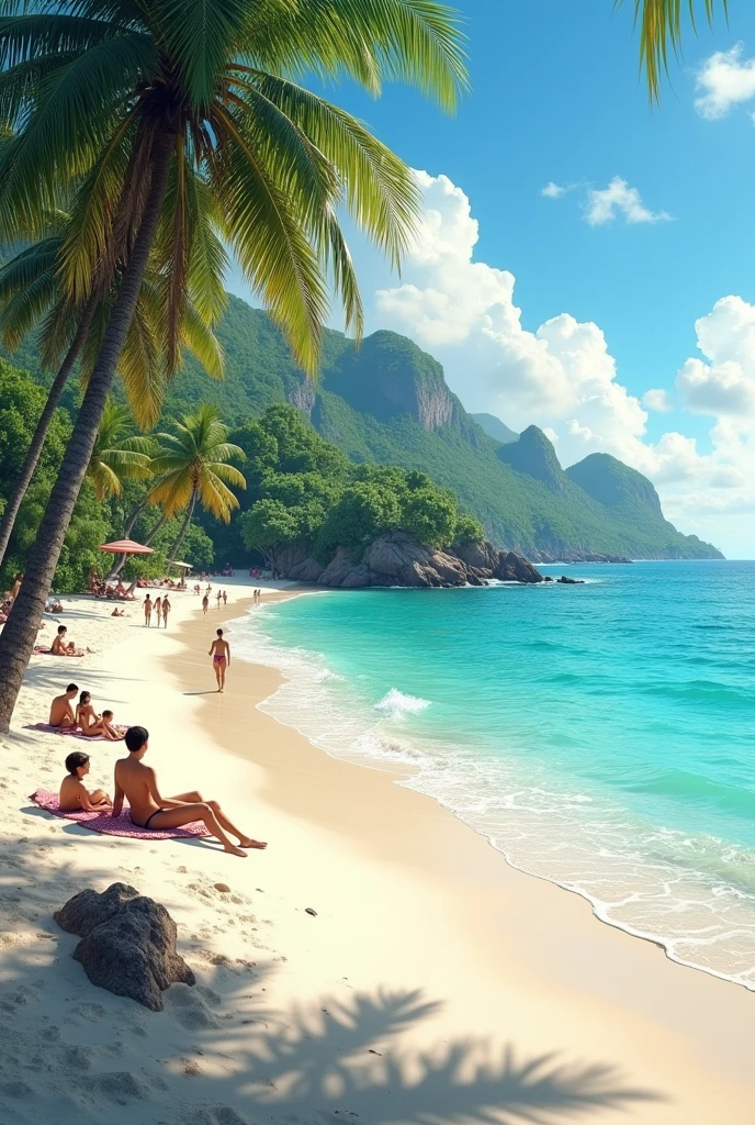 Create me an ultra realistic picture of a beach by the sea on a beautiful island