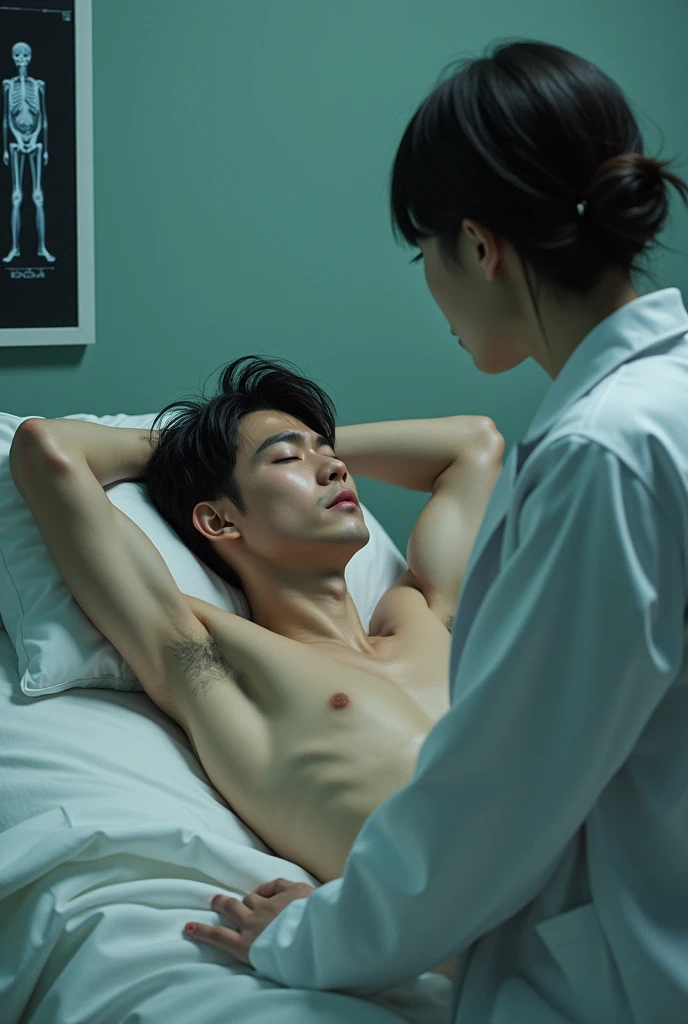 1boy、Handsome Men、Japanese male, 、handsome man、Mash Hair、Completely naked、Full nudity、erection、Huge penis、Highest quality、Realistic、beautiful、Sad look、CT scan at the hospital、Arms above head、A nurse in a white coat next to me