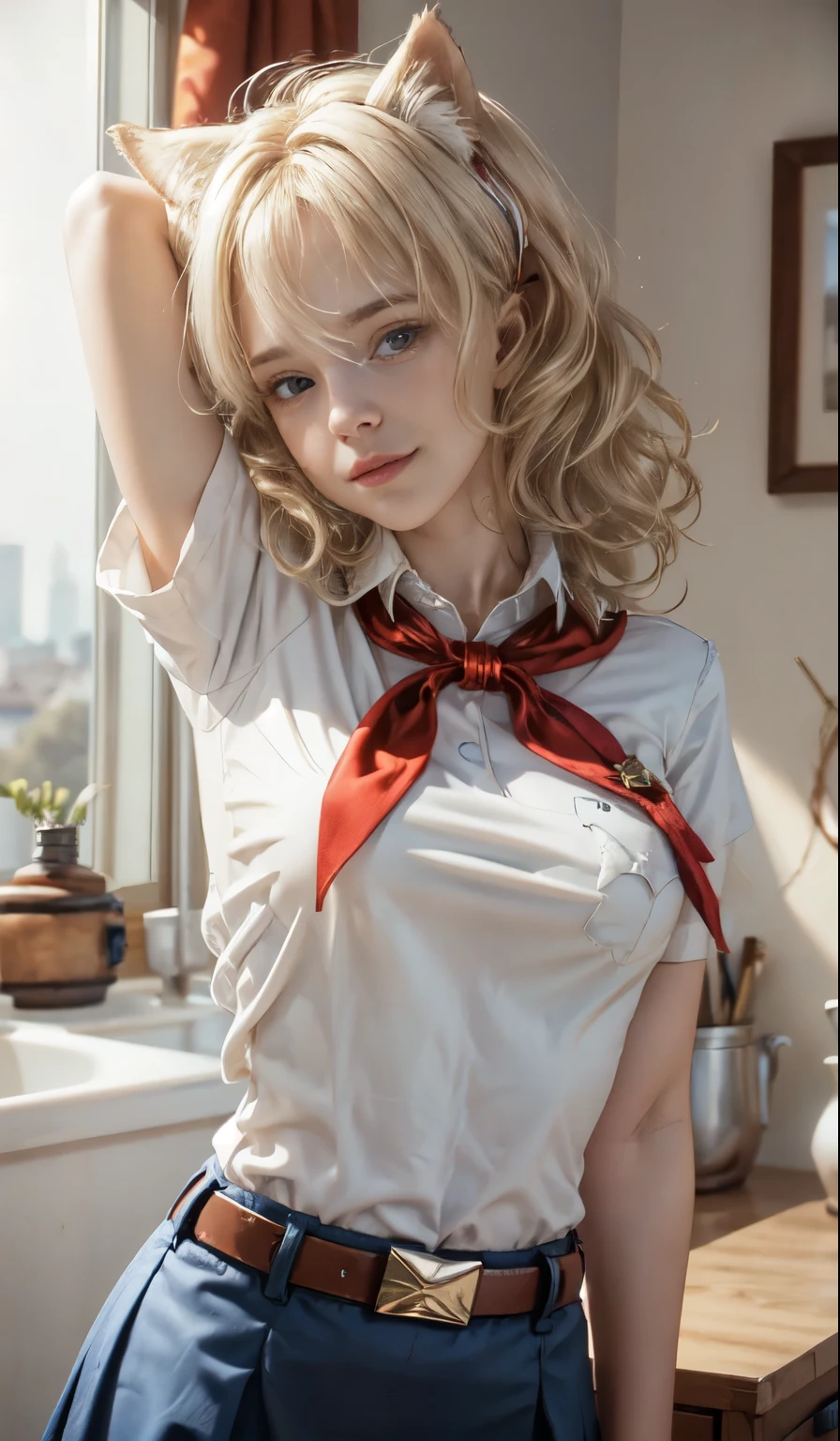 high quality picture, UHD, perfect light, detailed picture, masterpiece, very young slim fit girl, full height, rounded face, (long curly disheveled blond hair:1.4), big blue eyes, shy smile, perfect medium breast, band on head with fake cat ears, monroe, pioneer neckerchief, short tight blue pleated skirt, bangs, tight white shirt, short sleeves, collared shirt, belt, red neckerchief, breast pocket