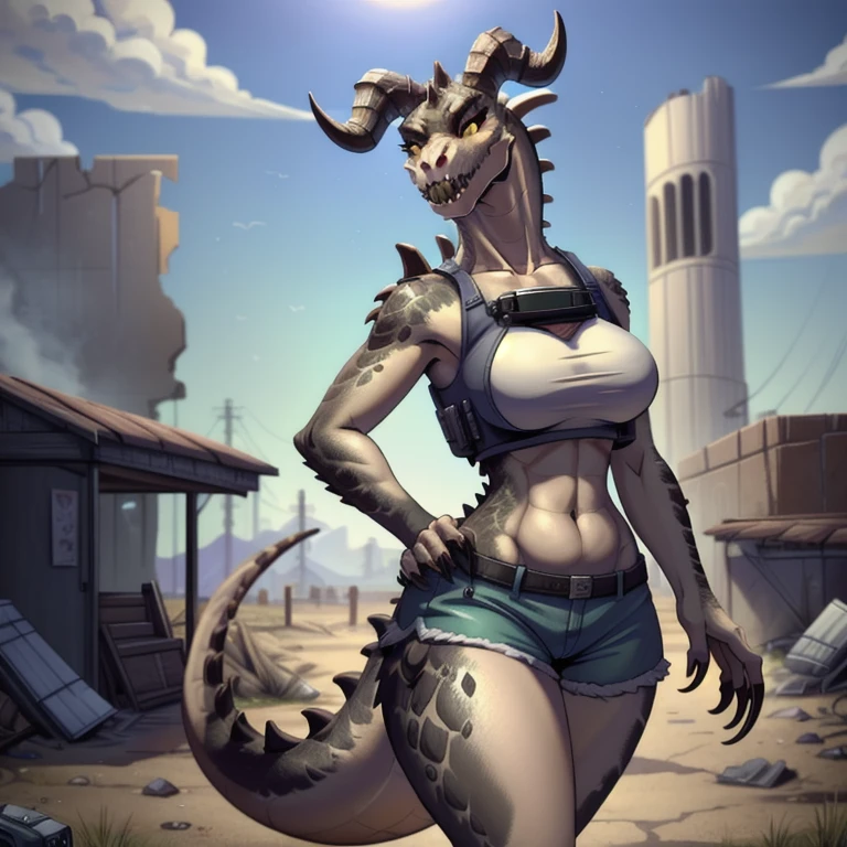 Deathclaw, sexy body, female, body builder, sexy, top, looking good, smash, taller, collar canino, small waist, wide hips, thick thighs, campo, realistic scalie, ruinas, tetas grandes, cartoon, solo, ass, park, showing ass pussy anus, tits, gold armor, torn white dress, under view, 