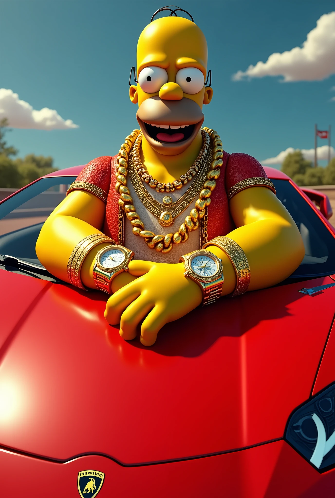 Homer Simpson with luxury chains watches on the hood of a lamborghini smiling, with dark eyelids
