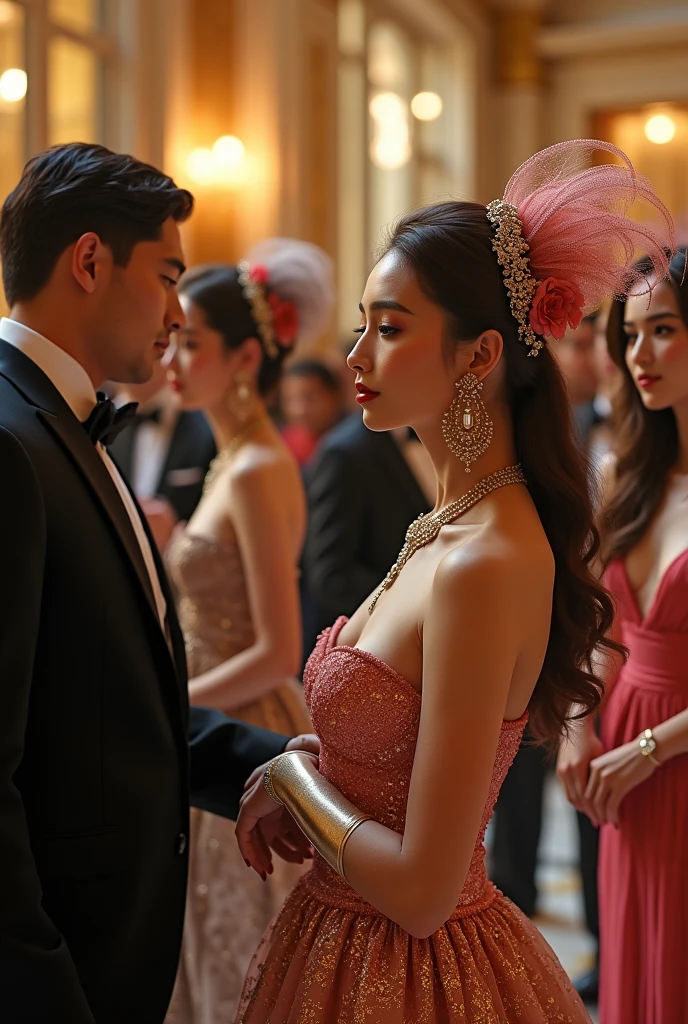 At the charity event, recreated in the style of photorealism, the hall is filled with a high society glamorous atmosphere. Elegant ladies in sumptuous outfits with plumes and diamonds glitter against the backdrop of an exquisite interior filled with flowers and candles. In their company whispered refined conversations and sounds of music create an atmosphere of magic.
Supported by solid gentlemen, in expensive suits and with exquisite accessories, delicately communicate with ladies, surrounding them with care and attention. Their confident movements and noble manners captivate the eye, creating the impression of powerful and influential personalities.
Anthropomorphic cyborgs stand out among the guests, blending into the crowd indistinguishable from real people. Their metallic details and cybernetic patterns attract attention and draw interesting glances. Their presence adds mystery and wonder to the already rich festive atmosphere of the charity event, best quality, high quality, absurdres, masterpiece, beautiful, intricate details, 1/2 body crop, slim body, beautiful figure, magnificent anatomy, (intricate details:1.12), HDR, (intricate details, hyper-detailing:1.15), (natural skin textures, hyper realisitc, soft light, Sharp:1.2)