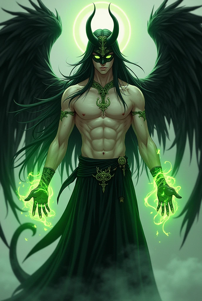 masterpiece, best quality, ultra high res, beatiful, stunning, elegant, incredible details, detailed, aura, flying feathers, (bright green theme:1.1), perfect drawn face, glowing lightning green eyes, cinematic lighting, ultra-high quality, 8k, full body, man, long flowing black hair, handsome and delicate face, pale white skin, Black long skirt, (no shirt, abs:1.1) green details, Dark magical energy enveloping arms and legs, looking at viewer, posing, charging a green energy with hands, dnd, cifer ulquiorra, big claws, (black mask with green runes:1.1) (big angelical black wings:1.2), black halo, (big black demonic tail:1.2), Simple background, solo, grin, evil looking, dark souls, menacing, (anime style:1.5), floating hair