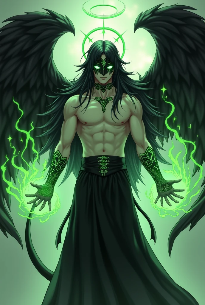 masterpiece, best quality, ultra high res, beatiful, stunning, elegant, incredible details, detailed, aura, flying feathers, (bright green theme:1.1), perfect drawn face, glowing lightning green eyes, cinematic lighting, ultra-high quality, 8k, full body, man, long flowing black hair, handsome and delicate face, pale white skin, Black long skirt, (no shirt, abs:1.1) green details, Dark magical energy enveloping arms and legs, looking at viewer, posing, charging a green energy with hands, dnd, cifer ulquiorra, big claws, (black mask with green runes:1.1) (big angelical black wings:1.2), black halo, (big black demonic tail:1.2), Simple background, solo, grin, evil looking, dark souls, menacing, (anime style:1.5), floating hair