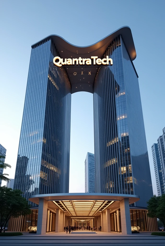 A company headquarters with,
The image showcases a modern building with distinct Singaporean architectural elements. The building features sleek glass facades, clean lines, and an elegant, minimalist design that reflects a blend of modernity and traditional Southeast Asian influences. The structure rises several stories high, with a curved roof inspired by the traditional "Minangkabau" style, slightly flaring at the edges.
At the top of the building, prominently displayed is a large sign that reads "QUANTRA TECH" in bold, metallic letters, illuminated subtly for a sophisticated look. The lettering is centered above the main entrance, which is framed by two large, polished stone pillars.