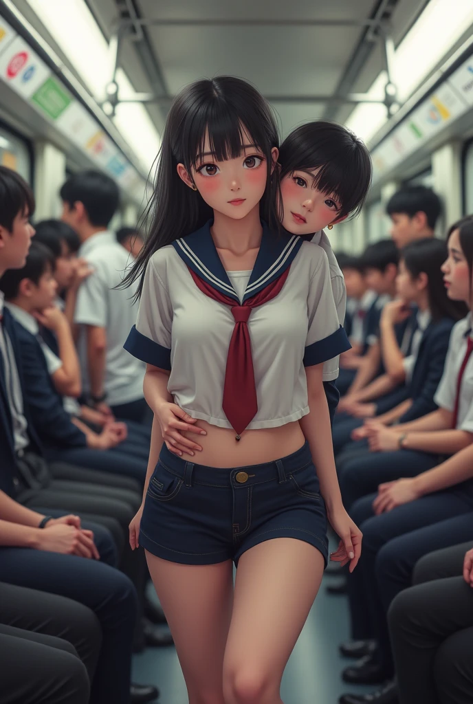 A Japanese lady、 girl、１６kor、bare woman、SFW, ultragigantesco 、pubic hair、titsnipples、realisitic, tabletop, Detailed scene of the interior of a VERY crowded subway train, Detailed background of VERY crowded subway train interior, Panas (Woman 1) use um uniforme sexy, (big-ass), (thick-thighs), (Expression of fear), blushed face, old man playing with woman from behind 1,(((old small man pressing his chest on Woman 1 back))) with the (((hugging her waist from behind)))、(((Grabbing a woman&#39;s breasts from behind)))、(((Licking a woman&#39;s ears from behind)))
INFO
