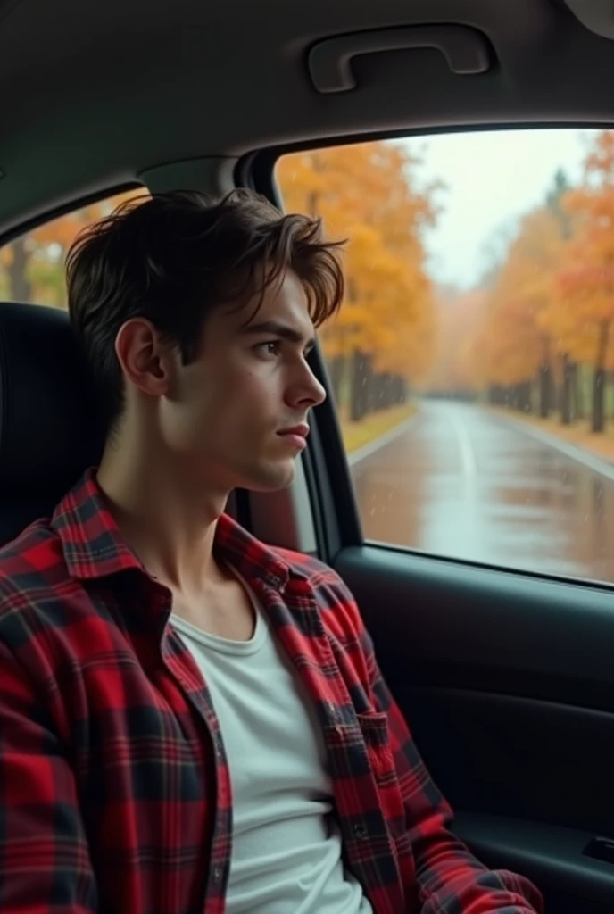 masterpiece, Best quality, super detail, ultra realism, super realism, 8k, sharp textures, detailed skin texture accurate ???????, young very handsome guy with brown wavy hair rides in the back seat of a car and looks out the window at the autumn rainy landscape. Wearing a red plaid unbuttoned shirt with a white t-shirt underneath., Late evening