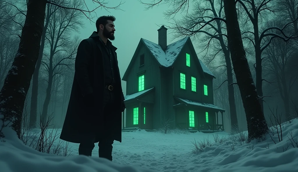 A handsome bearded guy, black hair, walks through a dark winter forest, stands near a scary house, looks out the window. Green light from the windows of the house