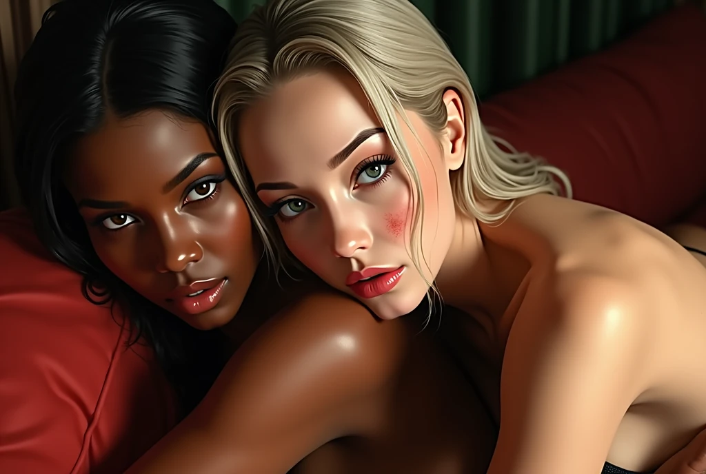 interracial lesbians, white skinned woman in black skinned woman's embrace, both naked, they are looking at each other (studying each other's content faces), their lips and bodies are wet, they are under the table, the white skinned woman's hair is Sleek Middle Part Hair look, reduce illumination from top, add illumination from a 360 view from horizon, sexual pose, realistic style, first sex fanart, realism artstyle, realistic artstyle, hyperrealistic , high quality fanart, artwork, conversing, 8k, realistic art style, passionate sexy pose, detailed realistic expressions, realistic picture, lesbian experience, making love, the woman off center is bound big bone african american woman, faint kiss marks with faint lipstick and faint mascara color rub-off smeared on one another's skin, white skinned girl puts some weight of her jaw on brown skinned woman's breast,
