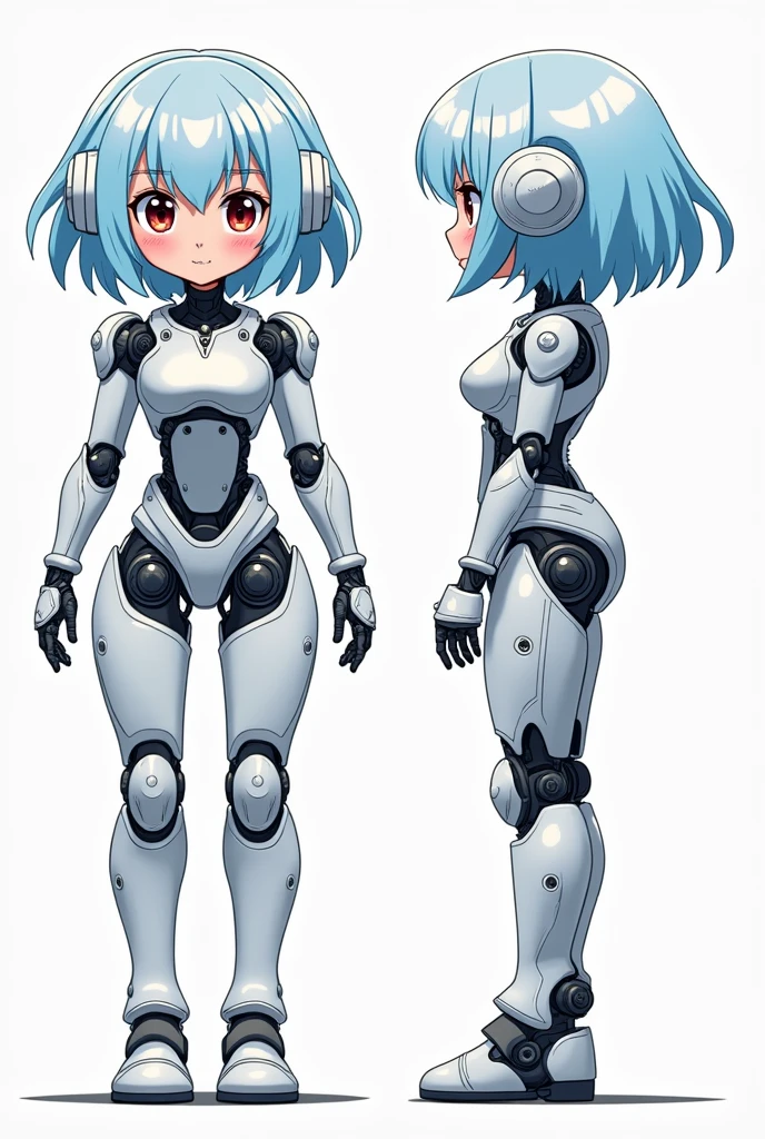 Anime, Reference sheet, born, Anime styled, Character design, 2d, robot girl, darkskin, blue and white hair, Robotics, cute, Anime 2007