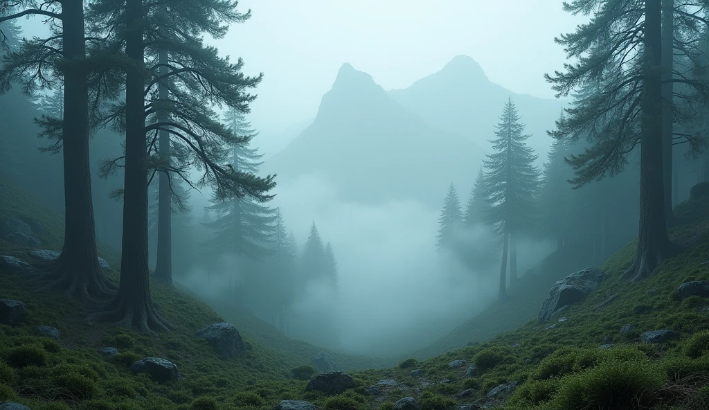 Misty forest scenery, misty forest, misty forest, misty background, dark misty forest background, gray forest background, dark pine trees, forested, soft forest background, gray forest in the background, misty forest scene, misty mountains, vast forest, photo nebula 8k, Dark fog colors