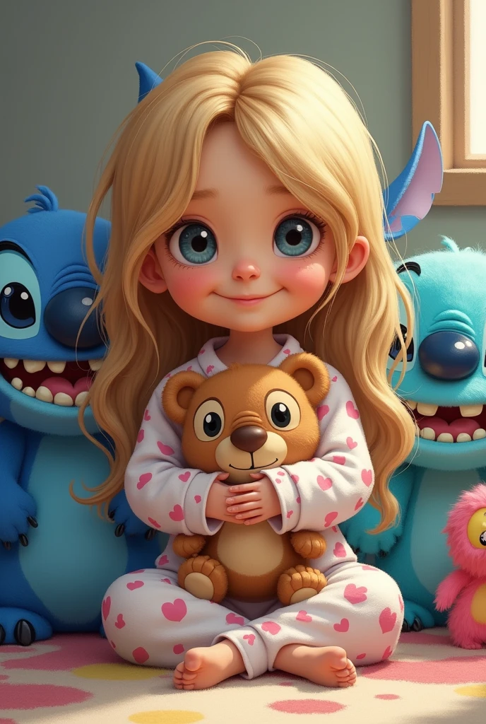 child with long dark blonde hair wearing Stitch pajamas from the movie Lilo and Stitch holding a teddy bear cute monsters from the movie monsters s.the character joy from the movie inside out