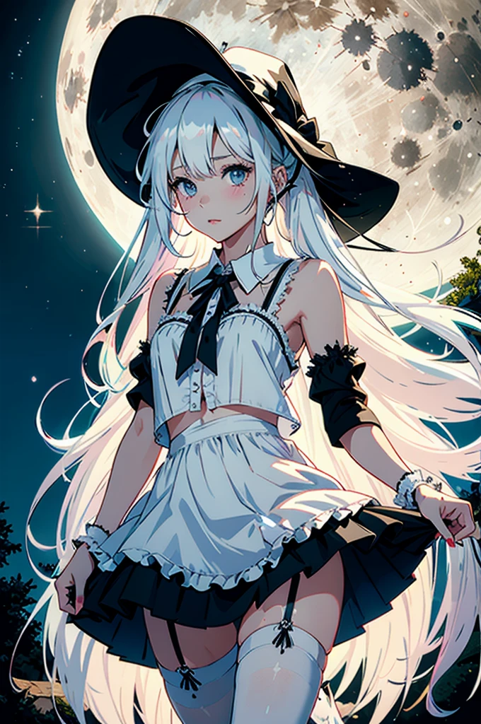 1girl,(Tattered clothes:1.1),long white hair, (white stockings:1.1),white large witch hat,witch costume, Ride broomstick, fantasy,(light:1.3),dark theme,magic,moon,upper body,mystical ambianceShowing off her panties、mini skirt、Not wearing a bra、The dust sparkles、Blushing、Open-chested maid outfit、See-through clothing、I&#39;ll show you how to roll up your panties with my own hands、White panties、shame、Bedroom