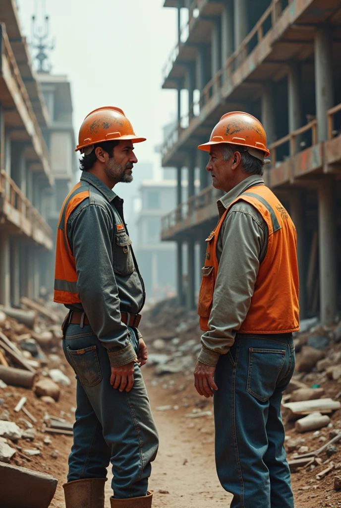 
The  student construction worker (White man)  with sadness on his face talking to his boss at the construction site asking if he could give him full time work because now he won&#39;t be studying anymore Horizontal Image
