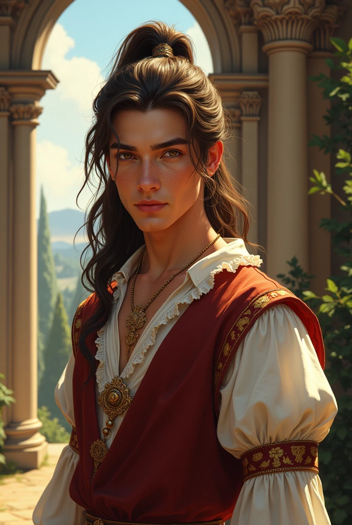 Bastiano is fantasy renaissance male character based on young orlando bloom in his 20s, brown eyes and very long very light brown hair, which is styled into high ponytail. Make him sweet and cute.