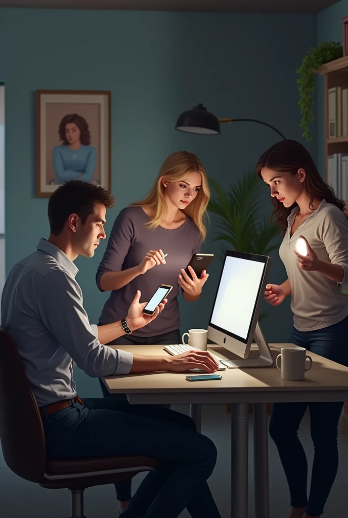 A man fiddling with the computer, a blonde woman using her cell phone, and a brunette woman with a light in her hand