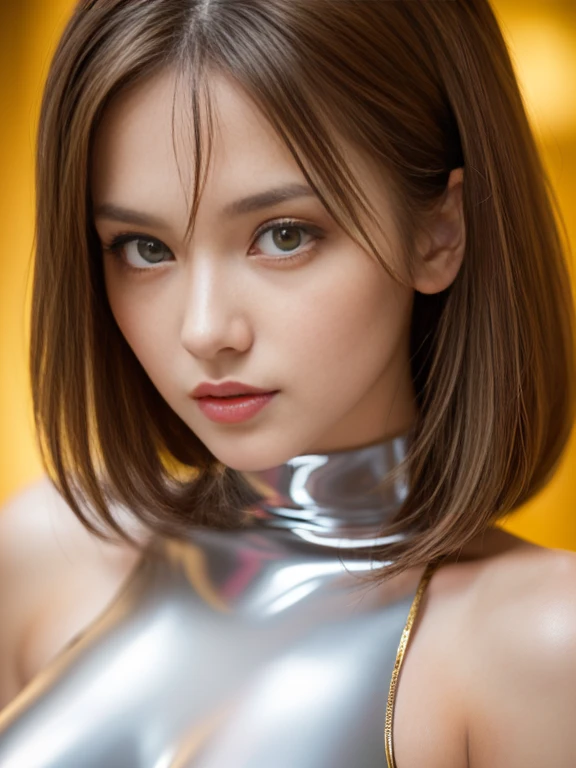 Realistic, Realism, 16K quality, (Very absurd quality, Very detailed detail, Hyper Resolution, Crisp and sharp focus, Not blurry, (realistic brown_eye:1.35)), (Very detailed, Beautiful little nose:1.2), (Perfect composition), Written boundary depth, Cinematic Light, (Very beautiful face, Beautiful Lips , Beautiful eye), Exquisitely detailed face, best high quality real texture skin:1.3, Woman with velvet skin:1.33), ((best high quality real texture hair)), (A mix of blonde and red), (Medium Straight Hair), (Very detailed:1.38), Photos of the most beautiful works of art in the world, Professional photography, Portrait taken with a digital SLR, Soft lighting, high quality, dramatic, (Anatomically correct, Perfect Proportions), ((Perfect hands:1.2)), (Super beautiful face: 1.33), ((Perfect female body:1.4)), cute, ((Firm and full breasts)), (the most absurd quality perfect eye:1.35), ((Super beautiful cute sharp face)), (Light pale complexion), Transparent color PVC (Ultra Shiny Gold Transparent Holographic Full Bodysuit:1.3) , Ultra tight fitting bodysuit with ultra reflective surface, ((Upper Body Shot)), (Browsing Caution:1.3) (naked, Nipples, naked feet),