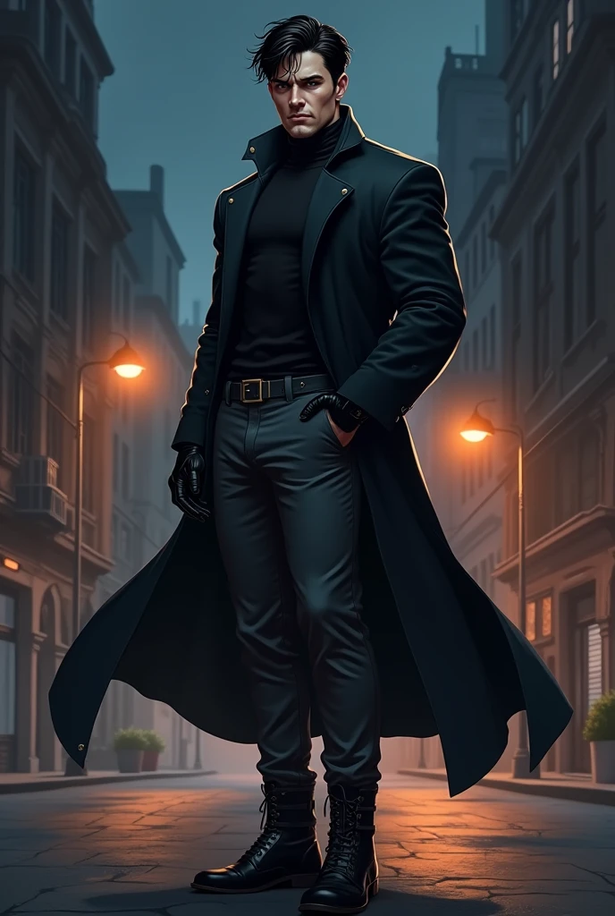 naughty man, white-skinned, with 1,75 m high, brawny. He has short, slightly messy black hair., dark brown eyes and a serious expression, but confident. He is wearing black gloves that give a mysterious touch, matching your style. Wears dark gray military pants, slightly fitted to the body, that falls softly over well-polished black leather boots.

The highlight of the look is a long, dark overcoat., with a perfect fit, reaching almost to the knees. The fabric of the coat has a modern touch, with a light wool texture, contrasting with the discreet metal buckles on the boots. He's in an upright pose, with one hand in the coat pocket and the other holding the gloves in a relaxed movement. The background could be an urban street at night., illuminated by streetlights, creating an air of mystery and urban style. make this art in superhero comic book style 