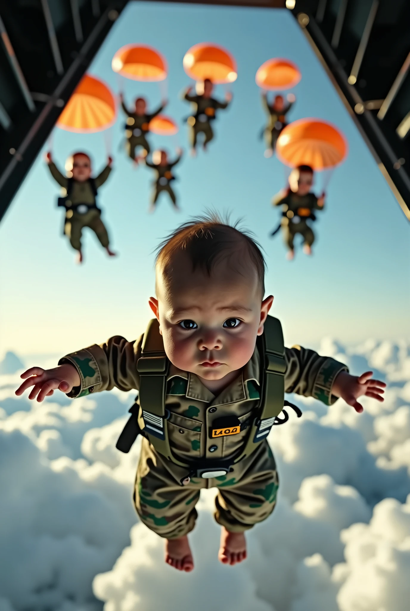 Cute newborn baby with serious face like army soldier in C130 plane skydiving in real life realistic