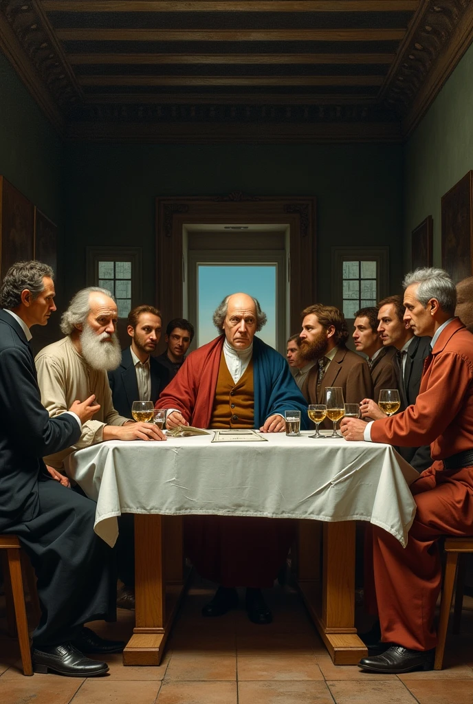 Make me a picture of a cover with Pythagoras, Descartes, Archimedes, Isaac Newton and John Dalton sitting at a table like the last supper with more famous scientists like Nikola Tesla