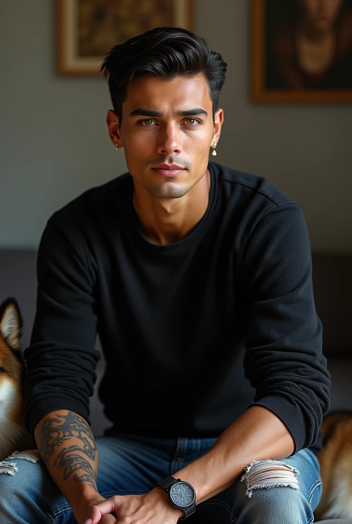 (photorealism:1.2), (8k), (high quality) (detailed), (photorealism:1.2), (8k) (detailed) (Whole body)(man) facial features: Square face with a marked jaw, prominent cheekbones and thick, dark eyebrows. Adds youth to your appearance.hair: hair oscuro, usually combed back or styled slightly tousled, which can vary between short and medium.eyes: eyes verdes oscuros, with a penetrating look that expresses confidence, with cross-shaped hoops on each side.Complexion: slim and well defined. Height 1.80, which gives it an imposing presence.style: Your style of dress: chompa negra, ripped jean pants.Skin tone: Skin tone bronceado, typical of the Mediterranean.Expression: He usually has a serious or concentrated expression., Although he can display a charming and confident smile.(sitting next to a Siberian dog).