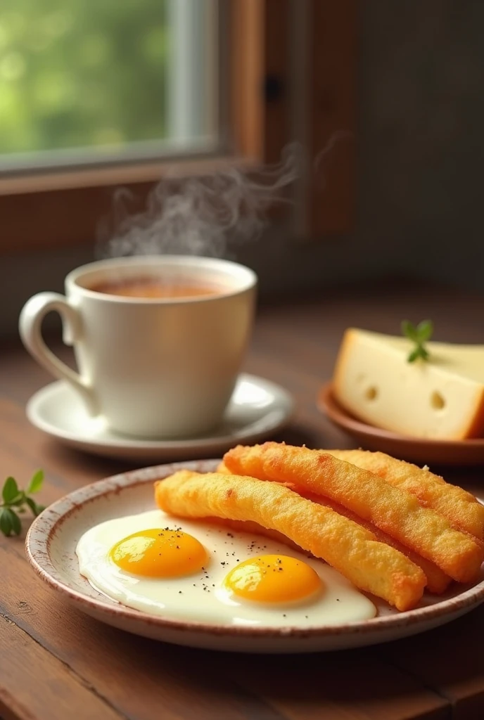 A breakfast that only contains fried yuca sticks, boiled eggs, a piece of cheese and tea with milk.
