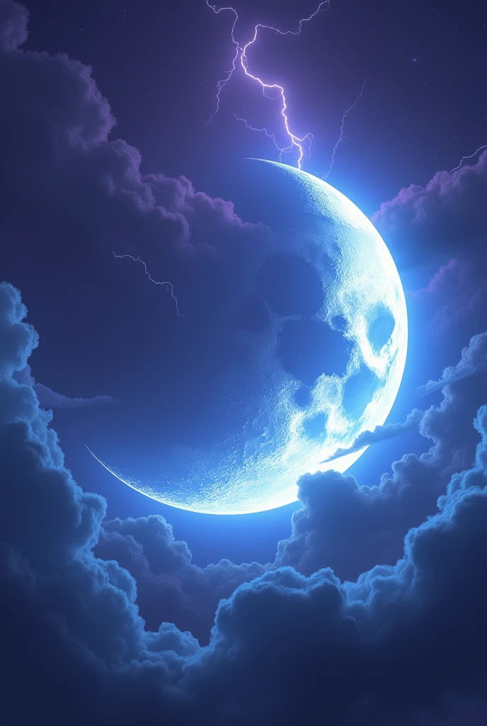 Very large, bright and imposing crescent moon ,purple sky with clouds , stars in the sky,Realist,sky filled with blue lightning
