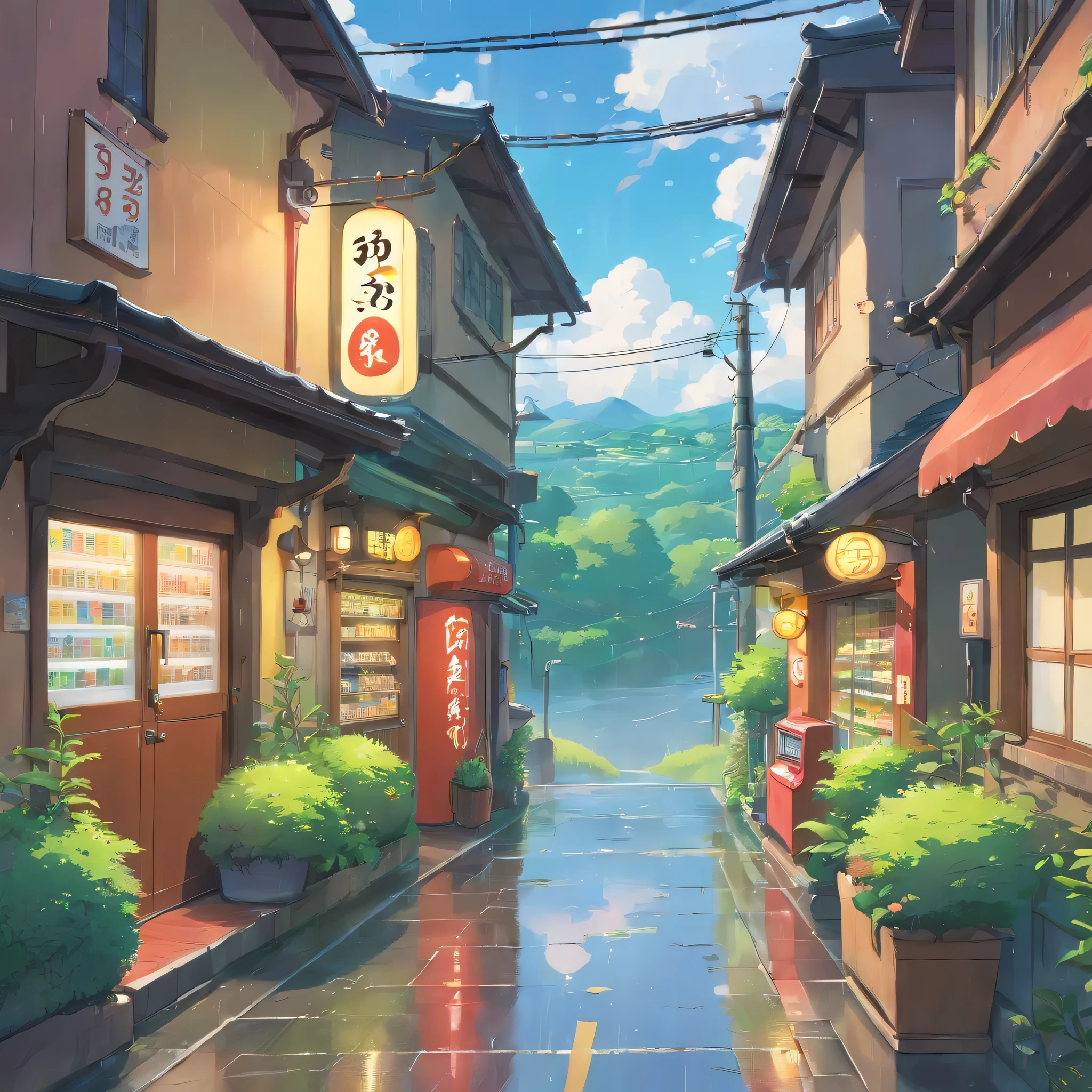 in the rain、high resolution、Cloudy、Photorealistic Stick、Calm down、vending machine、Japan townscape、Electric pole、A little bit of nature、Paved roads、Emotional、Countryside view、Panorama、Wide angle、scenery、rain、garden、