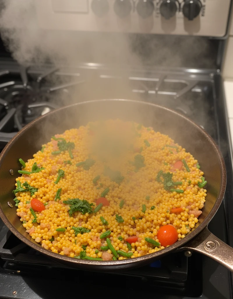 Freshly made paella、Steam is rising、