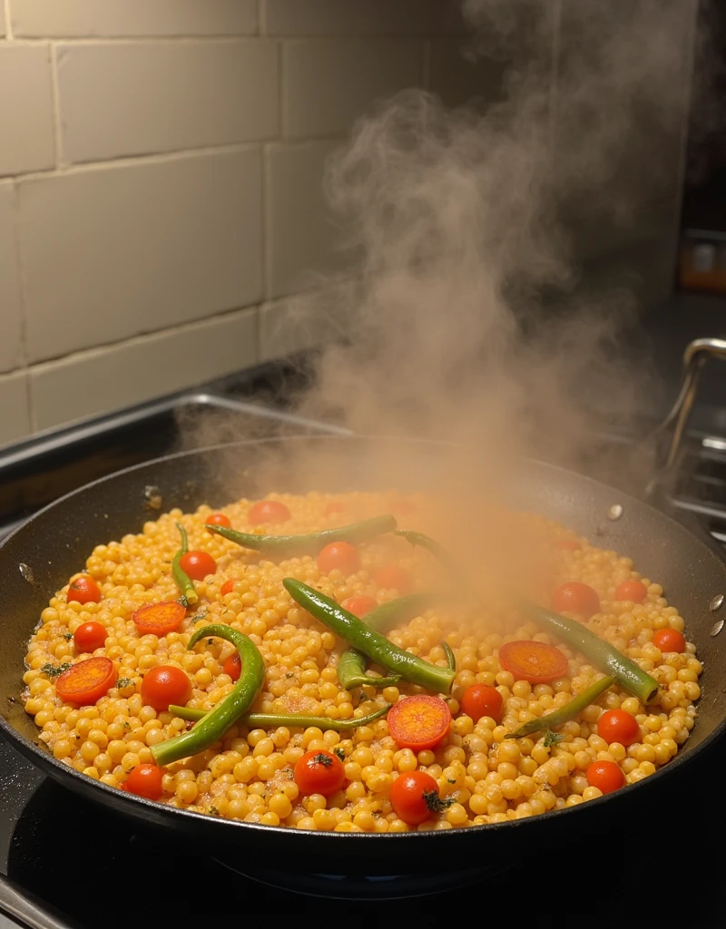 Freshly made paella、Steam is rising、
