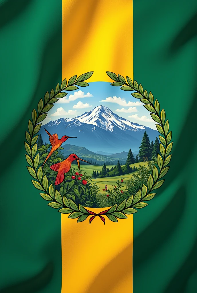 I need a flag with a traditional proportion of 2:3 with the colors green, gold and blue, where there is a central image that will be the symbol of the flag where it will carry the Andes mountain range with some surrounding elements such as a coffee plant and a hummingbird, Finally, it has a laurel wreath as its border