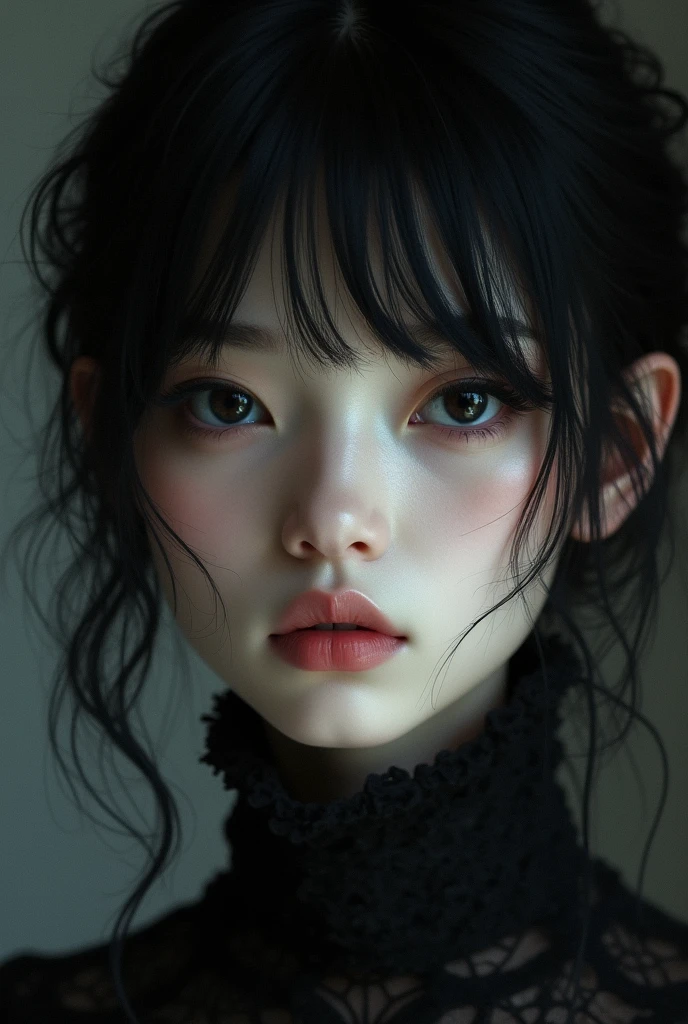  of with 1,84m, has very white skin. His extremely black eyes and extremely black hair, and the face slightly thin, black and full eyebrows, piercing in the shadow, , thin, pretty nose and slightly large, pink mouth, with a very feminine face 