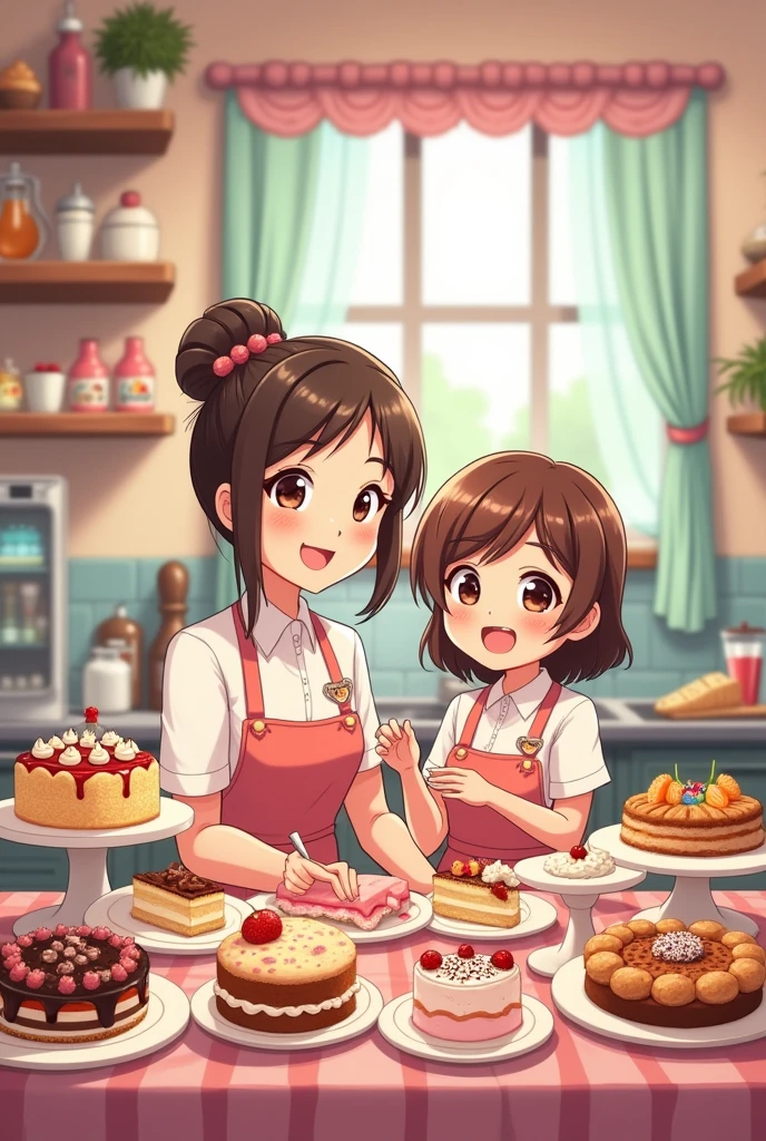 Mother and daughter homemade baking business cupcakes cakes cheesecakes cookies puff pastries dessert table variety anime