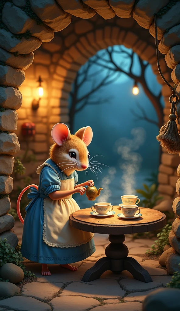 Fairytale Mouse in an apron, pouring tea into cups on the table for guests in her hole, it's night outside, guests are not visible, the hole is beautiful, light, rustic furniture