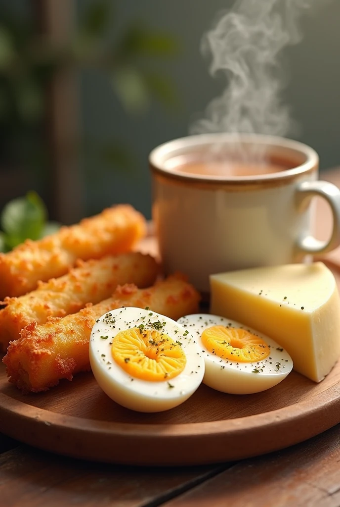 A breakfast that only contains fried yuca sticks, boiled eggs, a piece of cheese and tea with milk.