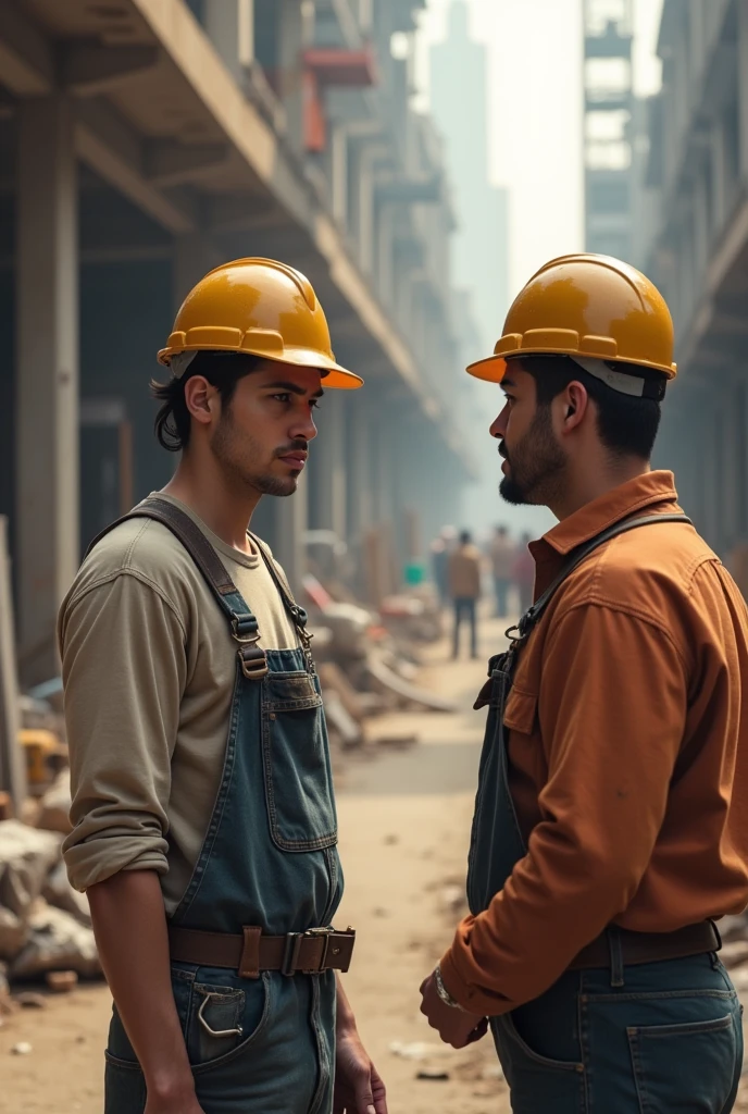 Teenage construction worker (White man)  with sadness on his face talking to his boss at the construction site asking if he could give him full time work because now he won&#39;t be studying anymore Horizontal Image
