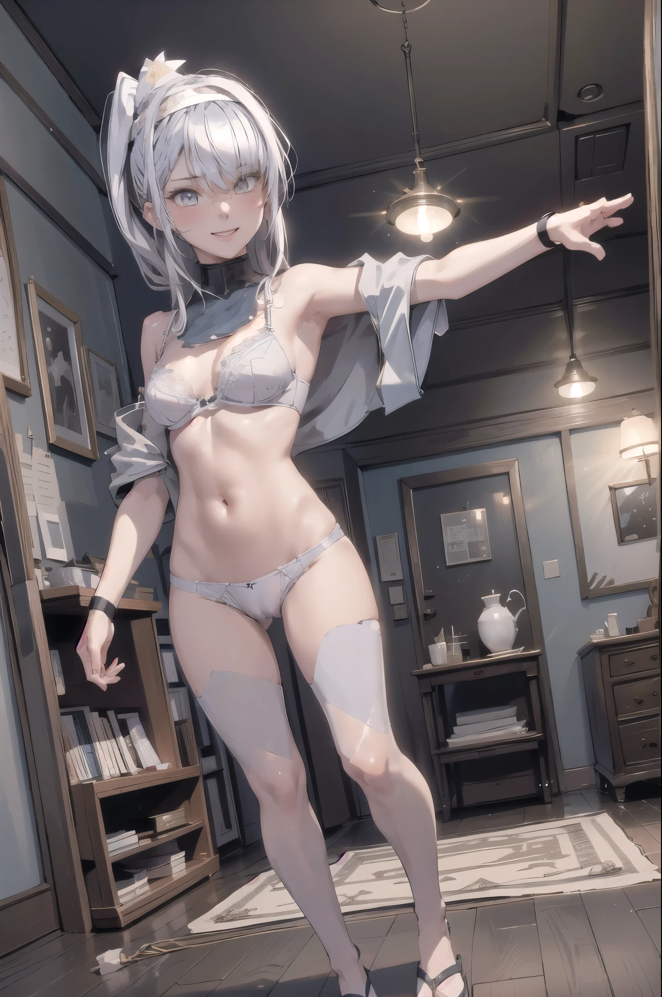 Highest quality, masterpiece, High resolution, (Perfect Anatomy) ,1 person fuyutsukiKC, (fuyutsuki) ,((Silver Hair)),((Browsing Caution)) White headband, Crop top,
smile,blush, (indoor, office, living room),
((Full body image)),(In underwearで) ((水色のpanties)), ((Light Blue Bra)), Spread your legs, Squat, Butt(panties), (bra), (In underwear), (Flashy underwear), (cameltoe), (lingerie),