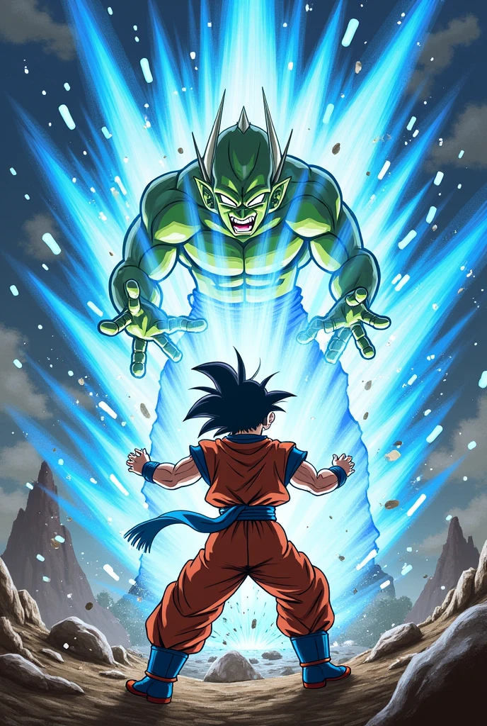 Create this image - Composition:
Position of the Characters: Goku must be in a dynamic pose, with hands extended in front of him while launching the Kamehameha. Piccolo Daimaoh must be in a defensive or retreating position, to show the strength of the attack.
Background: Choose a backdrop that complements the scene, like a devastated landscape or a battlefield. This helps create an environment that amplifies the tension of the moment..
Initial Drawing:
Character Sketch: Start with sketches of the characters in correct positions and proportions.. Goku should have a determined expression and Piccolo Daimaoh an expression of surprise or discomfort..
Figure Details: Add details to character costumes and features. Make sure you capture the energy and intensity of the Kamehameha.
Digital or Traditional Painting:
Color Base: Start with basic layers of color to define the palette. Utilize cores vibrantes para o Kamehameha, like bright blue and white, and contrasting colors for the characters and the background.
Shadows and Lights: Add shadows and highlights to add depth and realism. The Kamehameha must have an intense glow, illuminating Goku and affecting Piccolo Daimaoh's illumination.
Details and Textures: Refine the details, like the effect of the Kamehameha energy and Piccolo Daimaoh's reaction. Use textures to give a more professional finish.
especial effects:
Energia do Kamehameha: Create a bright, explosive effect for the Kamehameha. Can add particles, sparks and an aura to emphasize the strength of the attack.
Impact and Distortion: Add visual effects to show the impact of the Kamehameha hitting Piccolo Daimaoh, such as distortions and shock waves.
Review and Finalization:
Final Adjustments: Review painting to adjust colors, contrasts and final details. Make sure all elements are balanced and the scene conveys the desired intensity..
signature: Don't forget to sign your work!