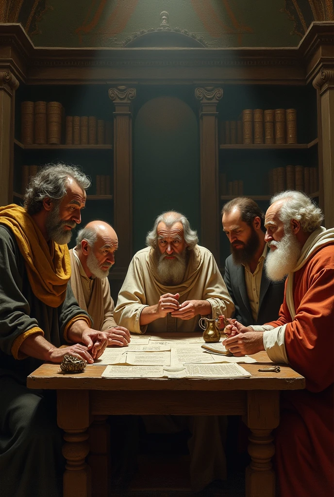 Make me a picture, a cover with Pythagoras, Descartes, Archimedes, Isaac Newton and John Dalton sitting at a table like the last supper discussing mathematics.