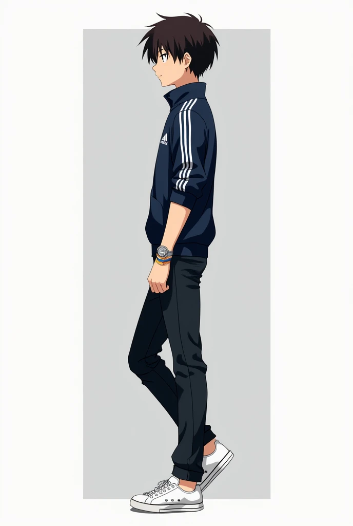 Un lycéen d'anime aux cheveux brun foncé, tombant en mèches de part et d'autre de son front. Il est vêtu d'une veste de survêtement Adidas bleu marine et d'un pantalon noir, avec des baskets blanches aux pieds et une montre d'argent à son poignet. Il porte aussi un bracelet bleu et orange. Ses yeux sont noirs, il est très grand, il est maigre, et a une peau mâte. Il se tient droit, il est de côté.